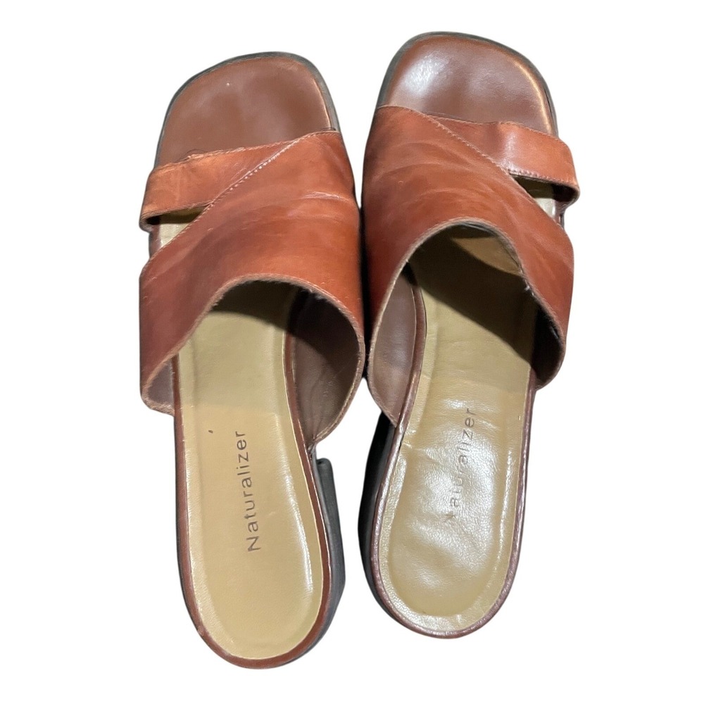 Naturalizer‎ Womens Brown Leather Crossover Slide Sandals Block Heel 8M